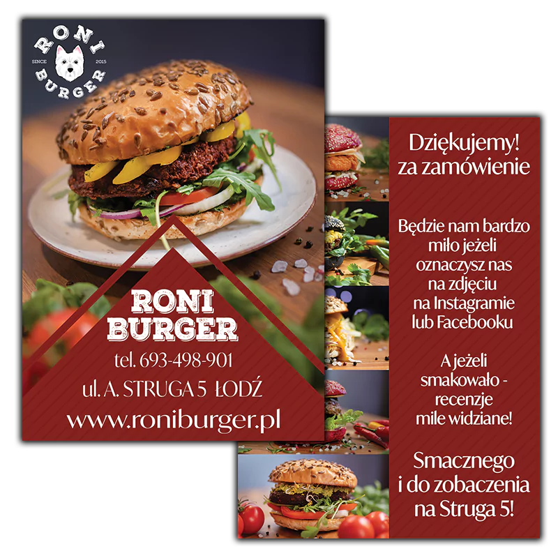 Roni Burger ulotka z prosba o recenzje &bull; Smaczne Media dla Gastronomii