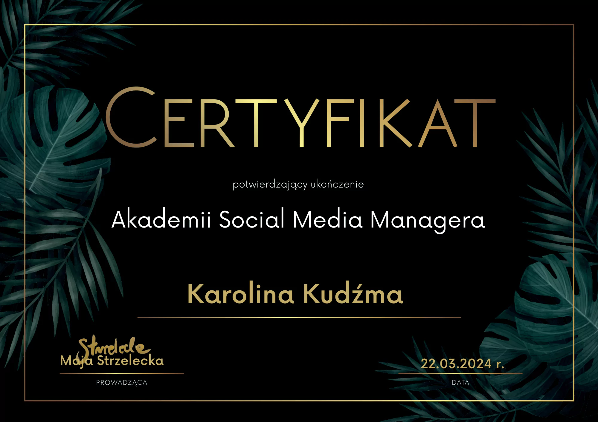 karolina kudzma certyfikat • Smaczne Media dla Gastronomii